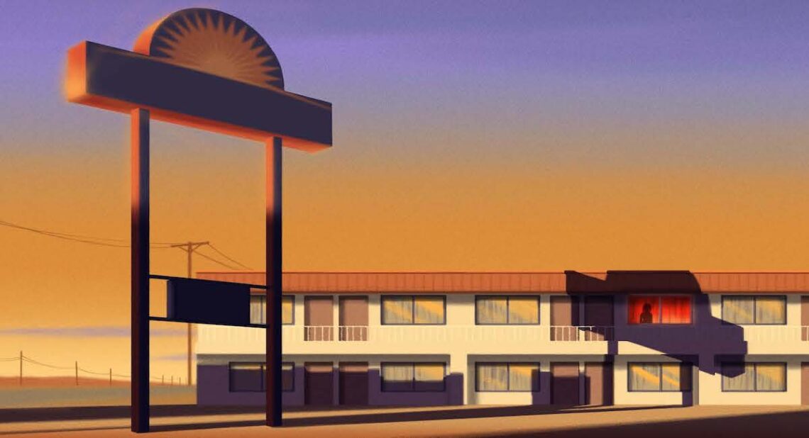 Illustration of a hotel at sunset, with the sign for the hotel