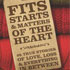 A book cover titled "Fits, Starts & Matters of the Heart" with a subtitle that reads "31 True Stories of Love, Loss & Everything in Between." The cover features a background of red and brown knitted fabric.