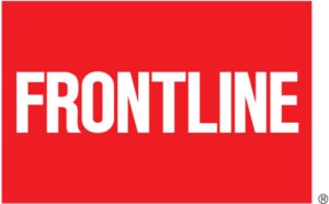 A bold red rectangle with the word "FRONTLINE" written in large, white, uppercase letters at the center. There is a trademark symbol (®) in black at the bottom right corner of the rectangle, evoking a sense of college sports collaboration.