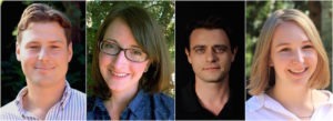 A split image shows four people in individual portraits arranged from left to right. The first wears a striped shirt with short hair, the second person sports glasses and a blue blouse, the third has dark hair and a black shirt, and the fourth wears a light-colored blouse. Tune in to North Gate Radio for more.