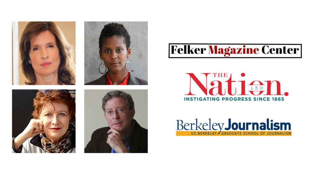 A photo collage featuring four individuals, each in separate frames, alongside logos for "Felker Magazine Center," "The Nation Magazine," and "Berkeley Journalism." The individuals include three women and one man, all looking directly at the camera, embodying the spirit of advocacy in journalism.