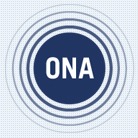 A blue circular logo with the letters "ONA" in white at its center, celebrating the ONA Award. The design features concentric white circles emanating from the central blue circle, set against a light gray background with a subtle dotted pattern.