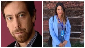 A composite image: on the left, a close-up of Dan Krauss with a beard and short hair, wearing a dark jacket and shirt against a reddish background; on the right, Daphne Matziaraki with long hair wearing a light blue jacket, gray top, and lanyard, standing by a wooden wall.