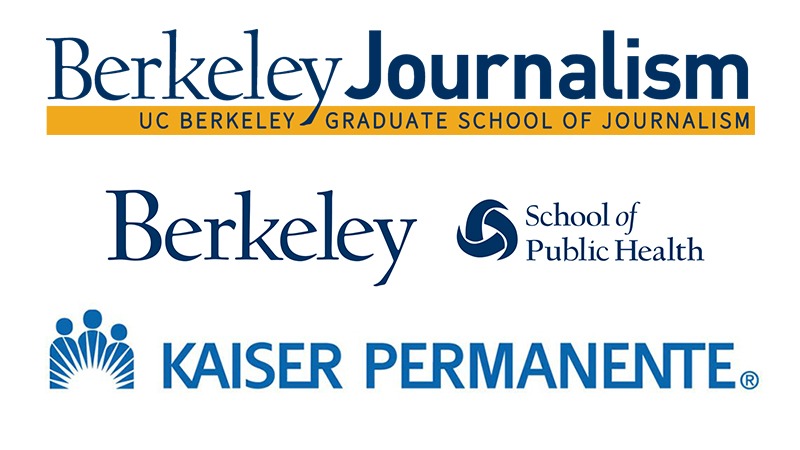 Logos for the Berkeley Graduate School of Journalism, Berkeley School of Public Health, and Kaiser Permanente are displayed. The Berkeley Journalism logo has blue and gold text, while the Berkeley Public Health logo includes an abstract symbol. The Kaiser Permanente logo is blue. Controversies around HCV drugs have been highlighted in recent studies shared by these institutions.