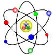 A graphic depicting an atom with a central nucleus, represented by a yellow circle containing a combination of smaller colored spheres. Surrounding the nucleus are black lines depicting electron orbits with various colored spheres (red, blue, and green) on them, illustrating a visual often used in Berkeley Journalism.