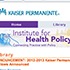 Screenshot of the Kaiser Permanente website. A navigation bar contains links labeled "Home" and "Library" with a logo for the Institute for Health Policy below it, featuring the tagline "Connecting Practice and Policy." Below this is a highlighted headline about health policy fellows.