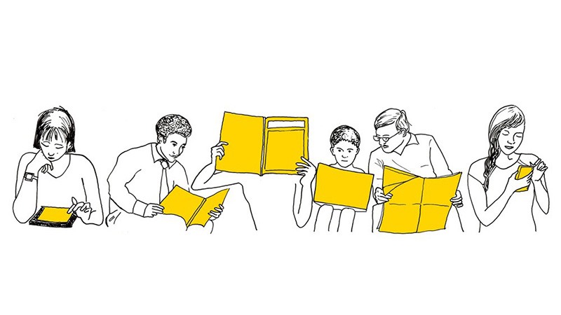 A line drawing depicts five people engrossed in reading. They hold various yellow reading materials, such as books, newspapers, and the latest articles on a tablet. Each person is engaged in a different posture, highlighting their focus on the text.