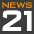A square logo with a dark gray background. The word "NEWS" is written in uppercase orange letters at the top. Below it, the number "21" is displayed in large, bold white font, representing News21 launches.