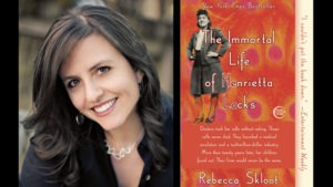 A close-up of a woman with long dark hair smiling next to the cover of "The Immortal Life of Henrietta Lacks" by bestselling author Rebecca Skloot. The book, a New York Times Bestseller, showcases a black-and-white image of Henrietta Lacks on a red background.