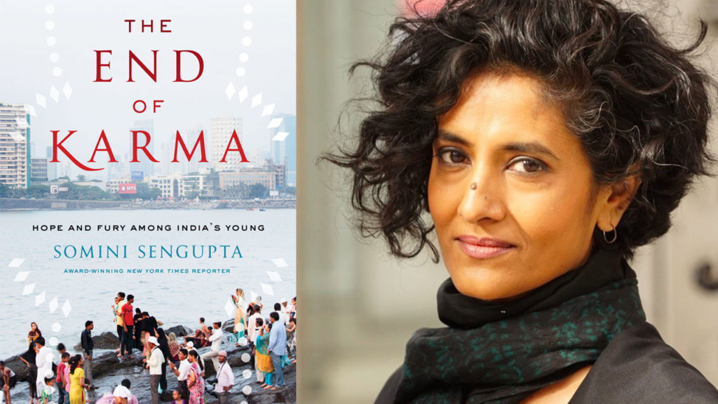A book cover titled *The End of Karma* by Somini Sengupta is seen on the left, featuring an image of a crowded Indian city. On the right, there is a portrait of India's young individual with short curly hair, wearing a scarf and earrings.