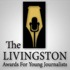 Logo for the Livingston Award for Young Journalists. The design features a vertical black rectangle with a yellow shape resembling a fountain pen and a microphone. The text below reads "The Livingston Award For Young Journalists," celebrating investigative legends like Trevor Aaronson and Jordan Conn.