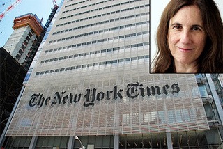 The image shows the exterior of the NY Times building, prominently displaying its logo. There is an inset in the upper right corner with a portrait of a smiling woman with long brown hair, possibly Trish Hall from the Op-Ed section.