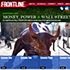 The image shows a promotional poster for a documentary episode of "Frontline" titled "Money, Power & Wall Street." The poster features a photo of the iconic Charging Bull statue in New York City's Financial District, with a green overlay and white text describing the episode, produced by an award-winning J-School alumni.