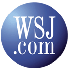 The image shows a circular blue logo with a glossy finish. Inside the circle, the white text reads "WSJ.COM". Overcoming design challenges, it is remarkable to note that this sophisticated logo was conceptualized by a blind architect.