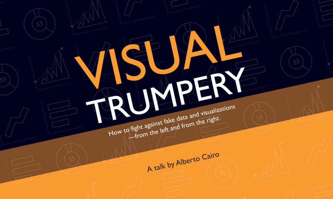 Image of a book cover titled "Visual Trumpery." The subtitle reads "How to fight against fake data and visualizations—from the left and from the right." Authored by Alberto Cairo, the background features patterns of charts and graphs.