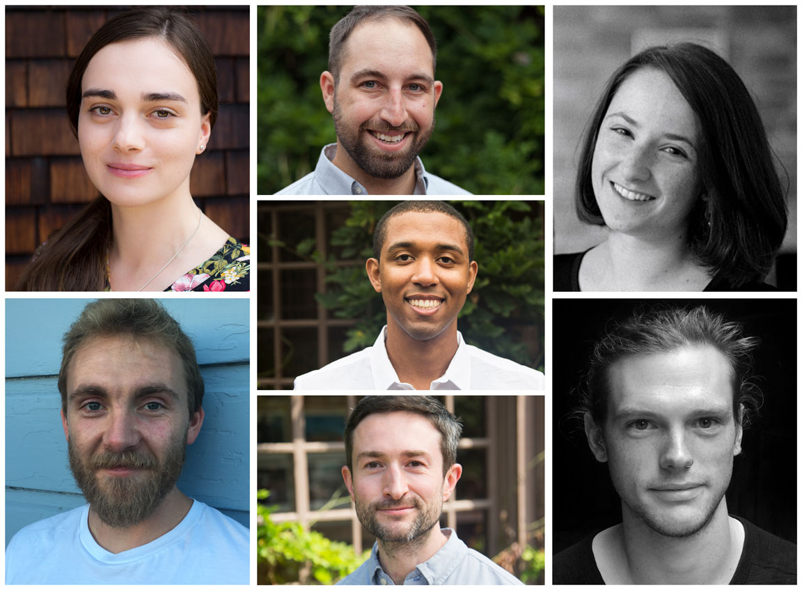 A collage of seven individual portrait photos, each showing a smiling person. The backgrounds vary, including outdoor greenery, a wooden wall, a blue wall, and a plain indoor setting. The pictures are arranged in a grid with different lighting conditions—a testament to Berkeley Journalism's diverse storytelling.