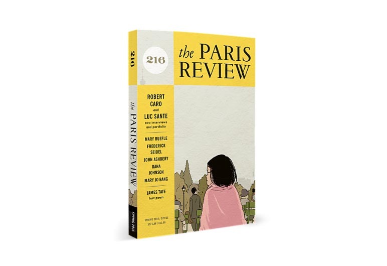 A three-dimensional view of The Paris Review Issue 216. The cover, reminiscent of Berkeley Journalism's vibrant storytelling, features an illustration of a person looking at framed artwork. The title is at the top, along with contributors like Robert Caro, Luc Sante, Mary Ruefle, and others.