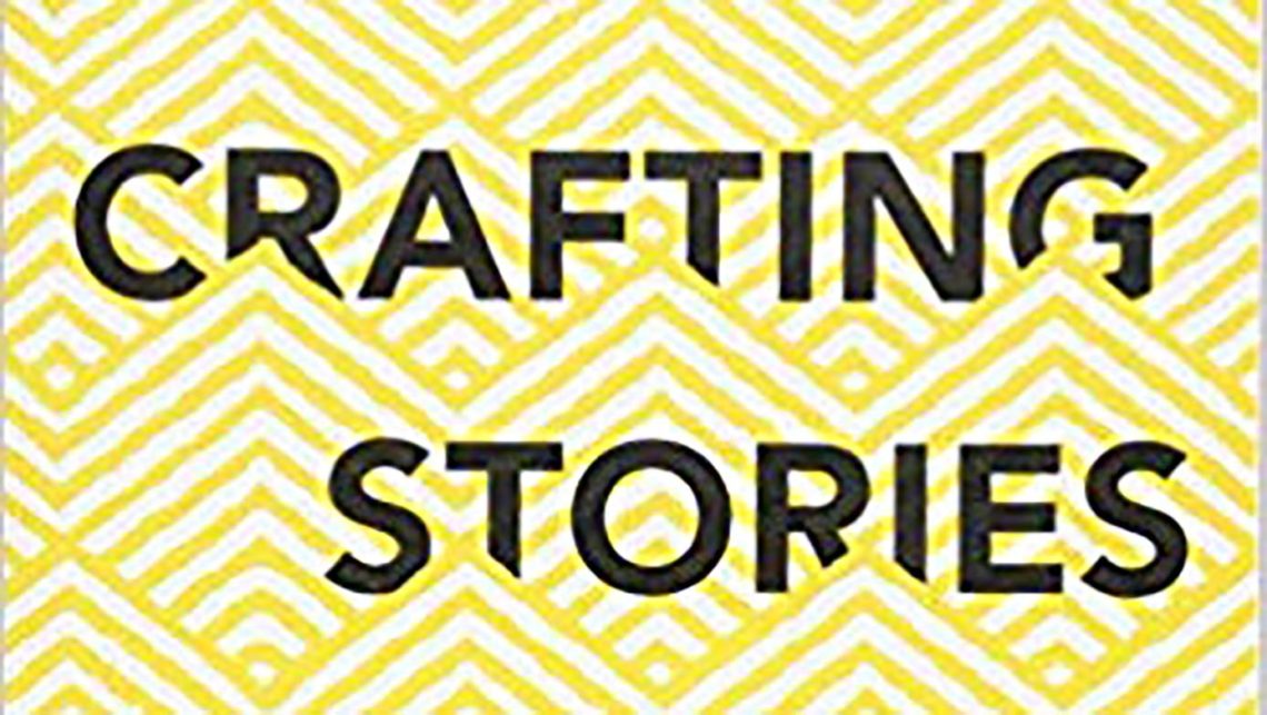 A book cover with a yellow and white geometric zigzag pattern in the background, reminiscent of the Berkeley Journalism style. Bold black text in the foreground reads "Crafting Stories.