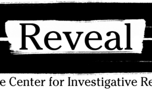 The image features the word "Reveal" in bold letters, followed by the partially visible text "The Center for Investigative R" underneath, suggesting that it is a logo related to investigative reporting or journalism. The black and white design hints at a connection to Berkeley Journalism's investigative focus.