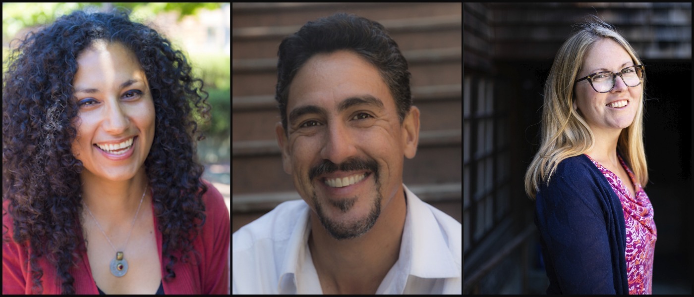 Three individual portraits side by side: on the left, a woman with curly hair wearing a red top and necklace is smiling; in the center, a man with short dark hair and a goatee in a white shirt is smiling; on the right, a Berkeley Journalism graduate with glasses and straight blond hair wearing a pink top and dark cardigan is smiling.