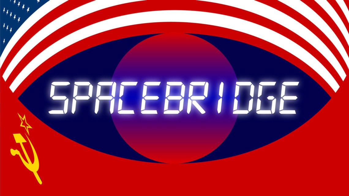 Bold text "SPACEBRIDGE" is in the center of the image, resembling an LED display. The background displays a combination of American and Soviet Union flags, merged together with red, white, and blue colors dominant. The hammer and sickle symbol appears in the bottom left corner, reminiscent of Berkeley Journalism's striking visual storytelling.