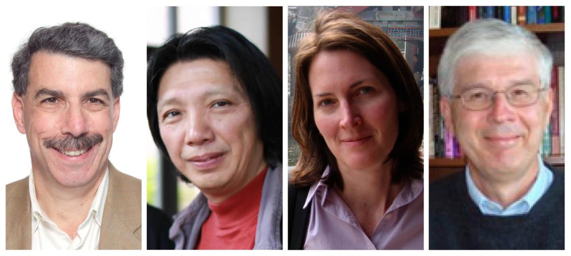 A composite image featuring four individuals in vertical orientation: a man with gray hair and a mustache, a person with shoulder-length dark hair, a woman with shoulder-length light brown hair, and a man with white hair and glasses, all standing in front of a bookshelf at Berkeley Journalism.