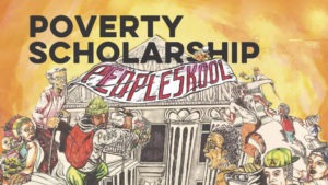 Illustrated image featuring diverse individuals involved in various activities around a large central structure with the words "Peopleskool" on a banner. Above the scene, bold text reads "Poverty Scholarship." The background, reminiscent of Berkeley Journalism's vibrant spirit, has warm hues.