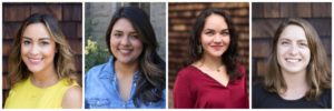A composite image of four women affiliated with Berkeley Journalism. The first woman is wearing a yellow top, the second woman is in a blue denim shirt, the third woman is dressed in a maroon top, and the fourth woman is in a dark gray shirt. All of them are smiling and positioned against different backgrounds.
