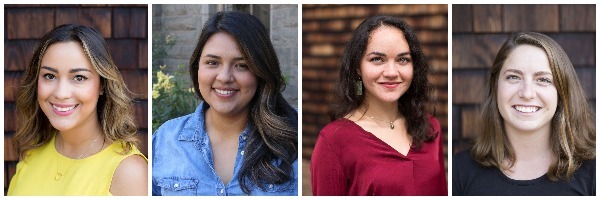 A composite image of four women affiliated with Berkeley Journalism. The first woman is wearing a yellow top, the second woman is in a blue denim shirt, the third woman is dressed in a maroon top, and the fourth woman is in a dark gray shirt. All of them are smiling and positioned against different backgrounds.