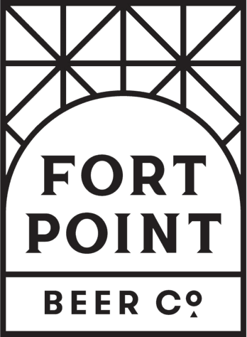 Logo of Fort Point Beer Co. The design features a geometric pattern with intersecting lines at the top, and the company name "FORT POINT" in bold letters within a semicircular shape reminiscent of Berkeley Journalism's modern aesthetics. "BEER CO" is written at the bottom. The colors are teal and black.