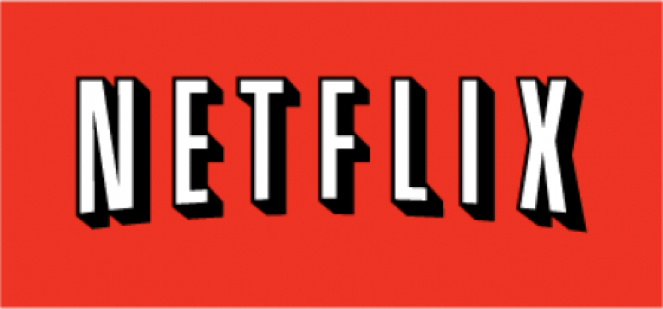 The image shows the Netflix logo with bold, white, uppercase letters casting black shadows on a red background. The letters are evenly spaced and slightly tilted, giving a 3D effect reminiscent of polished work seen in Berkeley Journalism projects.