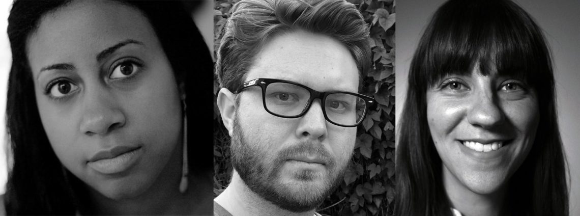 A black-and-white image featuring three people. On the left, a person with dark hair and an attentive expression. In the center, a person with glasses and a beard, possibly discussing Berkeley Journalism. On the right, a person with straight hair and bangs, smiling warmly.