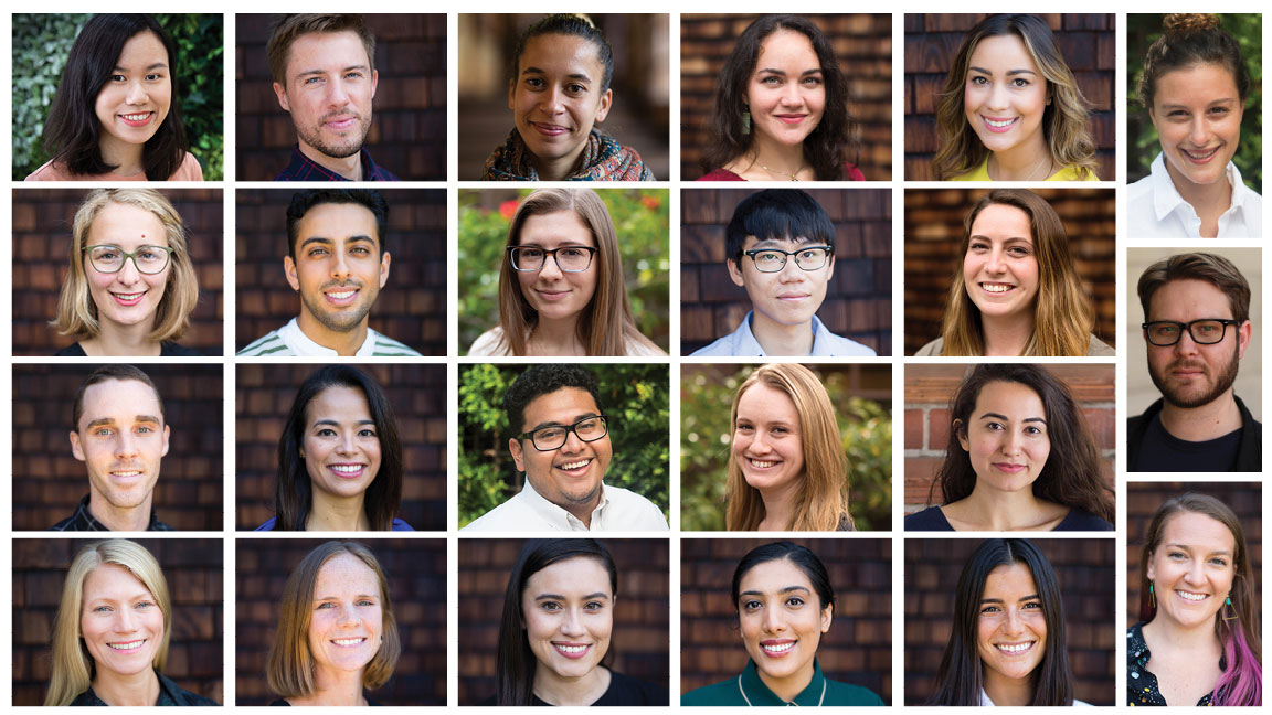 A grid of 25 diverse people, featuring a mix of genders, ages, and ethnic backgrounds. Each person is smiling or has a neutral expression, standing in front of various blurred outdoor and indoor backgrounds—akin to the inclusive storytelling seen in Berkeley Journalism.