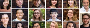 A collage of fifteen diverse individuals with different backgrounds, genders, and ethnicities. Everyone is smiling, and they are photographed from the shoulders up against various background settings. This vibrant group showcases the spirit of Berkeley Journalism.
