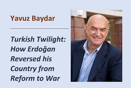 Image of a man in a suit jacket and blue shirt, smiling. On the left, text reads "Yavuz Baydar - Turkish Twilight: How Erdoğan Reversed his Country from Reform to War." Presented by Berkeley Journalism.