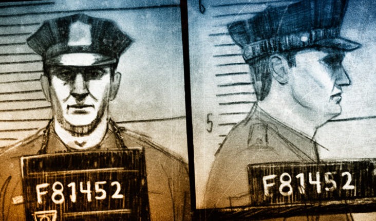 A detailed mugshot drawing of a policeman being arrested. 