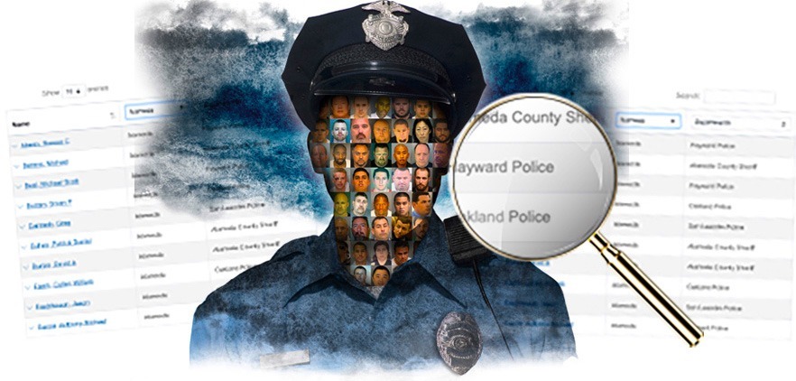 Illustration of a police officer with a magnifying glass showing a list of police departments and officers. The officer's face is a mosaic of many smaller faces. The background includes names and various police department titles, highlighting investigation and oversight, reminiscent of Berkeley Journalism's dedication to in-depth reporting.