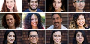 A grid of twelve headshots featuring diverse individuals against various backgrounds, embodying the spirit of Berkeley Journalism. Each person is smiling or looking directly at the camera, presenting a range of expressions and hairstyles. The images capture different ages and ethnicities.