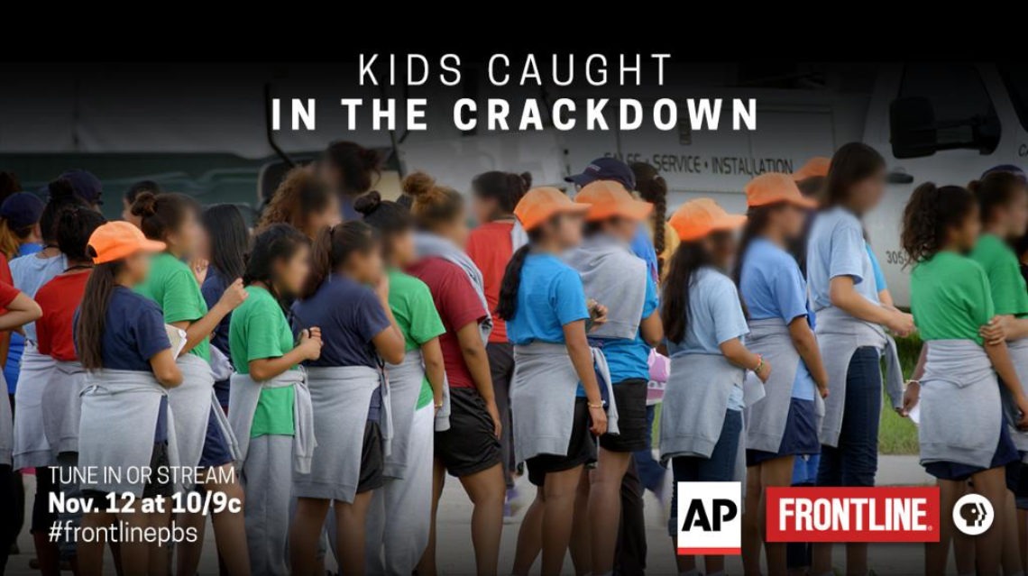 A group of children wearing colorful clothing and hats stand together with their backs to the camera. Text reads "Kids Caught in the Crackdown" at the top and promotional details for a program airing on November 12 at 10/9c at the bottom right, a feature by Berkeley Journalism.