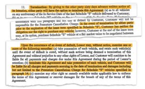 A legal document with text related to lease termination rights, dissected with a meticulous attention reminiscent of Berkeley Journalism. Key phrases are highlighted, including "Customer has neither the obligation nor the right to purchase any vehicle" and "terminate this Agreement and cause the possession of each vehicle.