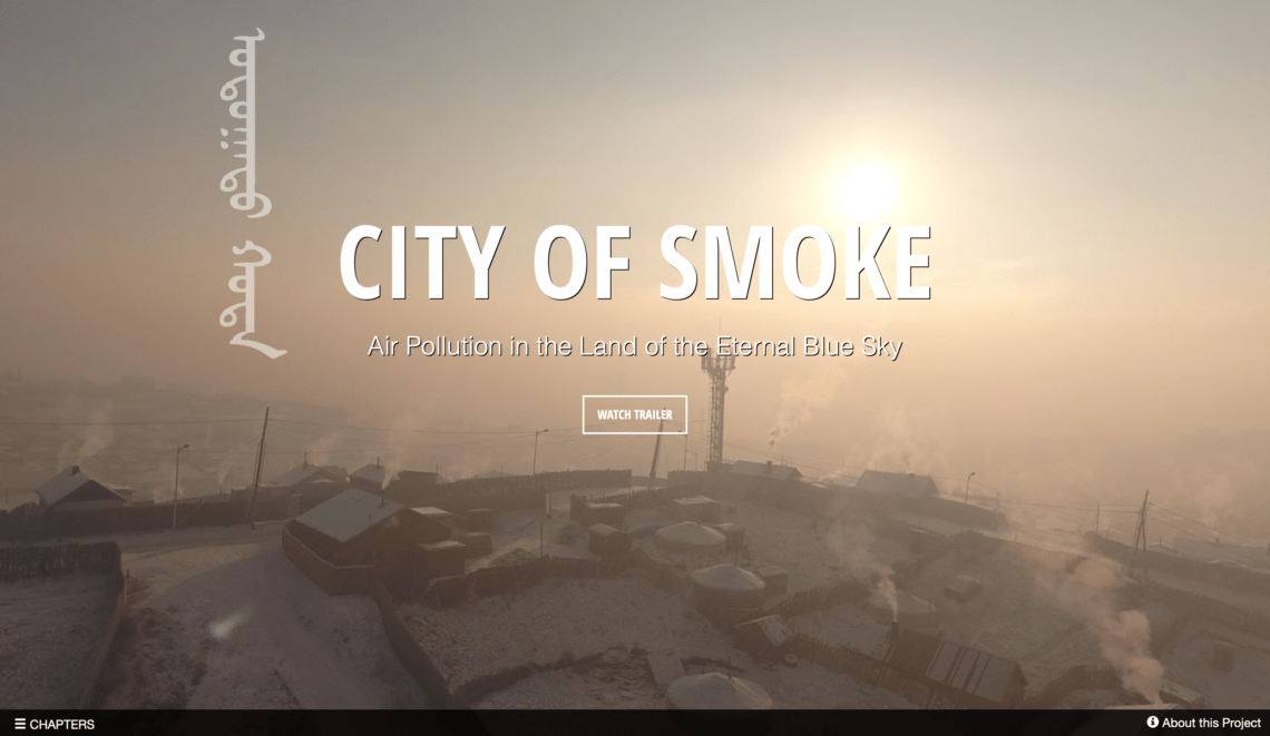 Promotional image for "City of Smoke: Air Pollution in the Land of the Eternal Blue Sky," a Berkeley Journalism documentary. It shows a foggy landscape with scattered buildings and the sun shining through the haze. The text includes film title, subtitle, and a "Watch Trailer" button.