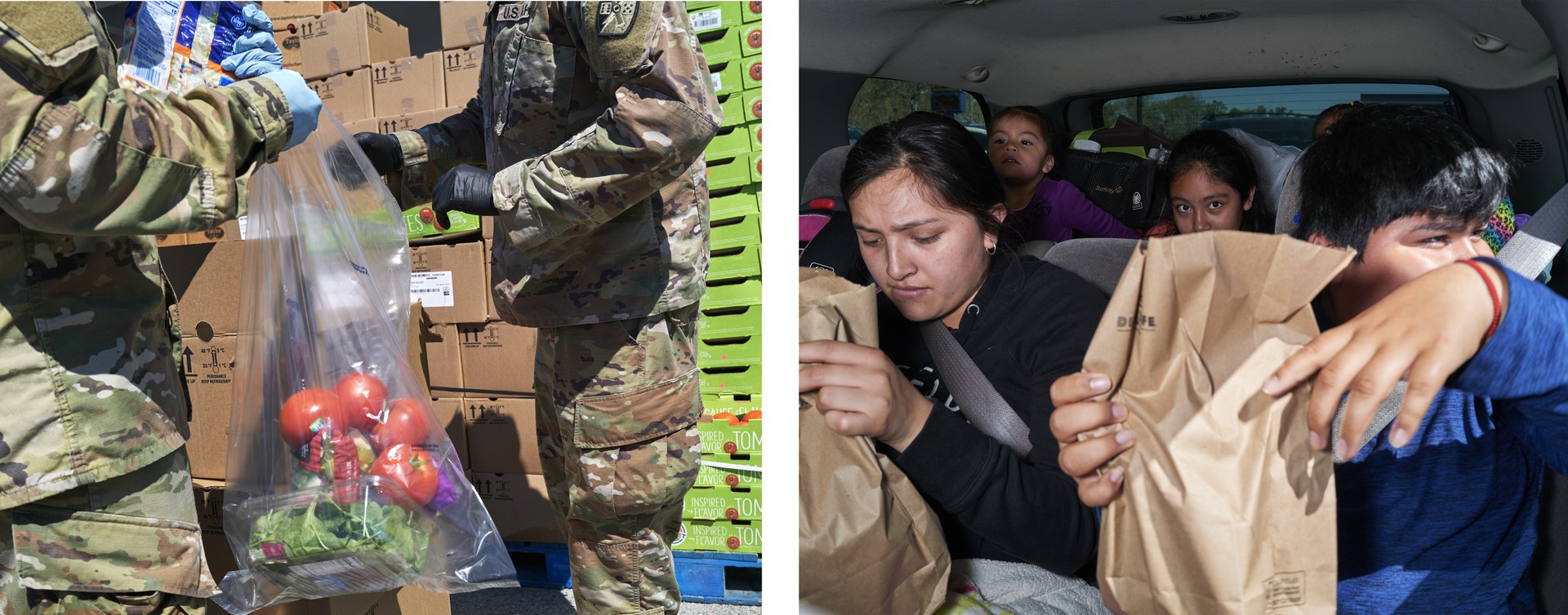 Photos of people dressed in fatigues handing out bags of tomatos.