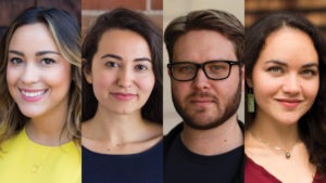 A composite image of four different people, all smiling and facing the camera. The first person on the left has long, wavy hair and is wearing a yellow top. The others feature varying hairstyles and clothing styles, showcasing a diverse group of individuals much like a crowd at Berkeley Journalism.