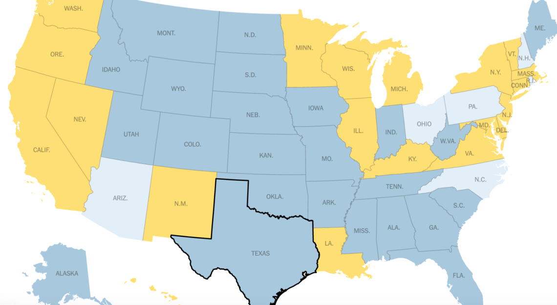 A U.S. map, perfect for a Berkeley Journalism classroom, shows states in three colors: light blue, yellow, and dark blue. Texas is outlined in black. Light blue covers most western and central states; yellow includes northeastern states and a few others; only Arkansas is dark blue.