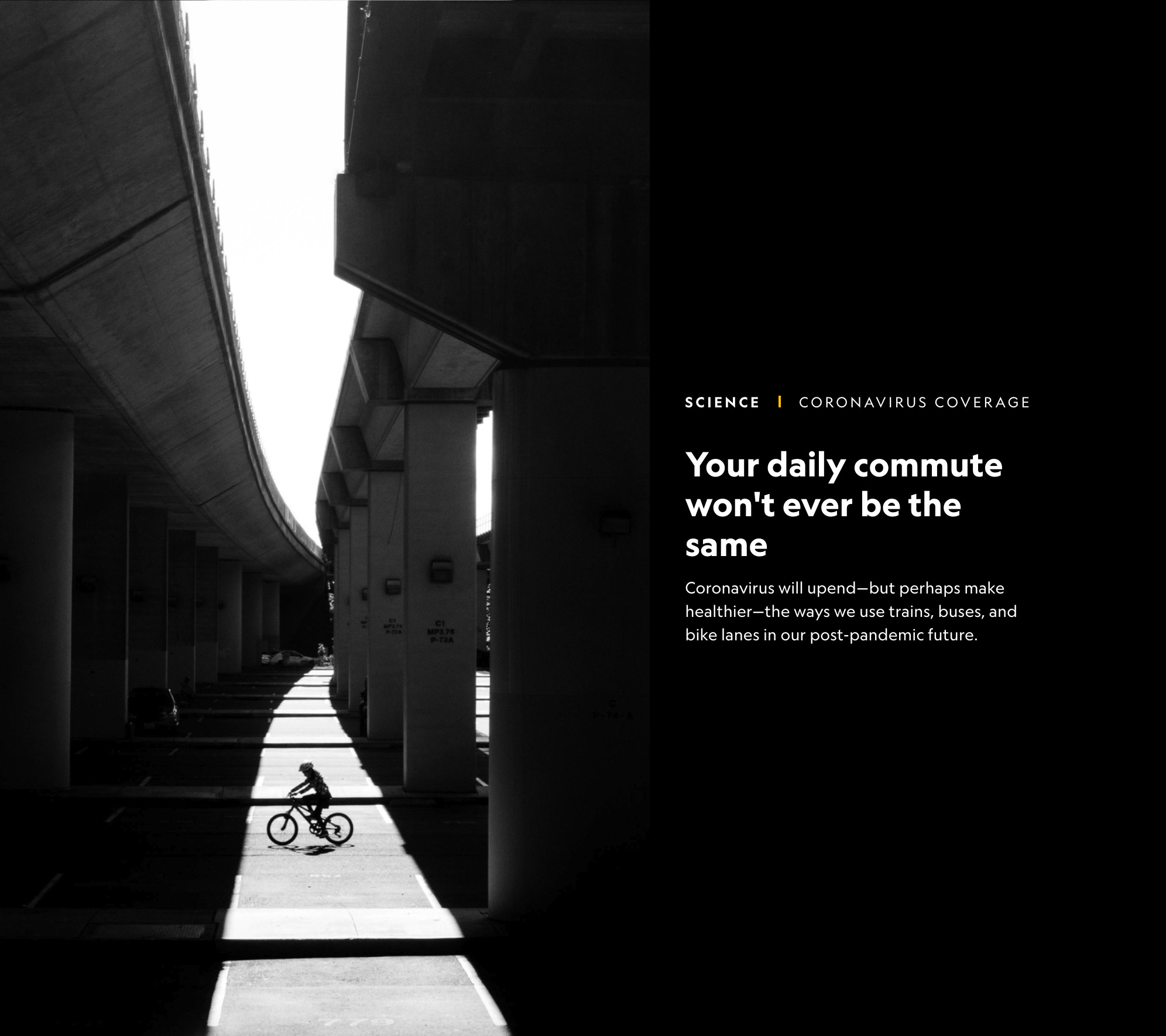 A cyclist rides under the highway and the Rockridge BART station on Tuesday, March 31, 2020. A steep decline in BART ridership has left many of the transit agency's parking lots empty, making way for cyclists and skateboarders. PHOTOGRAPH BY JAMES TENSUAN