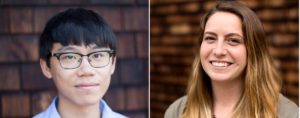 A split image shows two people. On the left, a person with short dark hair and glasses smiles slightly at the camera. On the right, a person with long, light brown hair and a wide smile looks directly at the camera. Both are against a blurred brown backdrop, likely captured during their time at Berkeley Journalism.