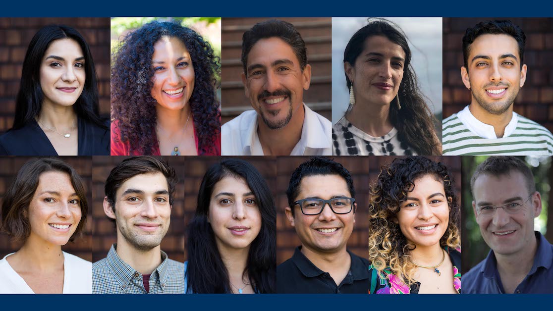 A collage of eleven individuals smiling towards the camera, embodying the spirit of Berkeley Journalism. The group includes a diverse mix of people in terms of appearance and attire. Backgrounds vary, with some showcasing natural settings while others have plain or brick backgrounds.
