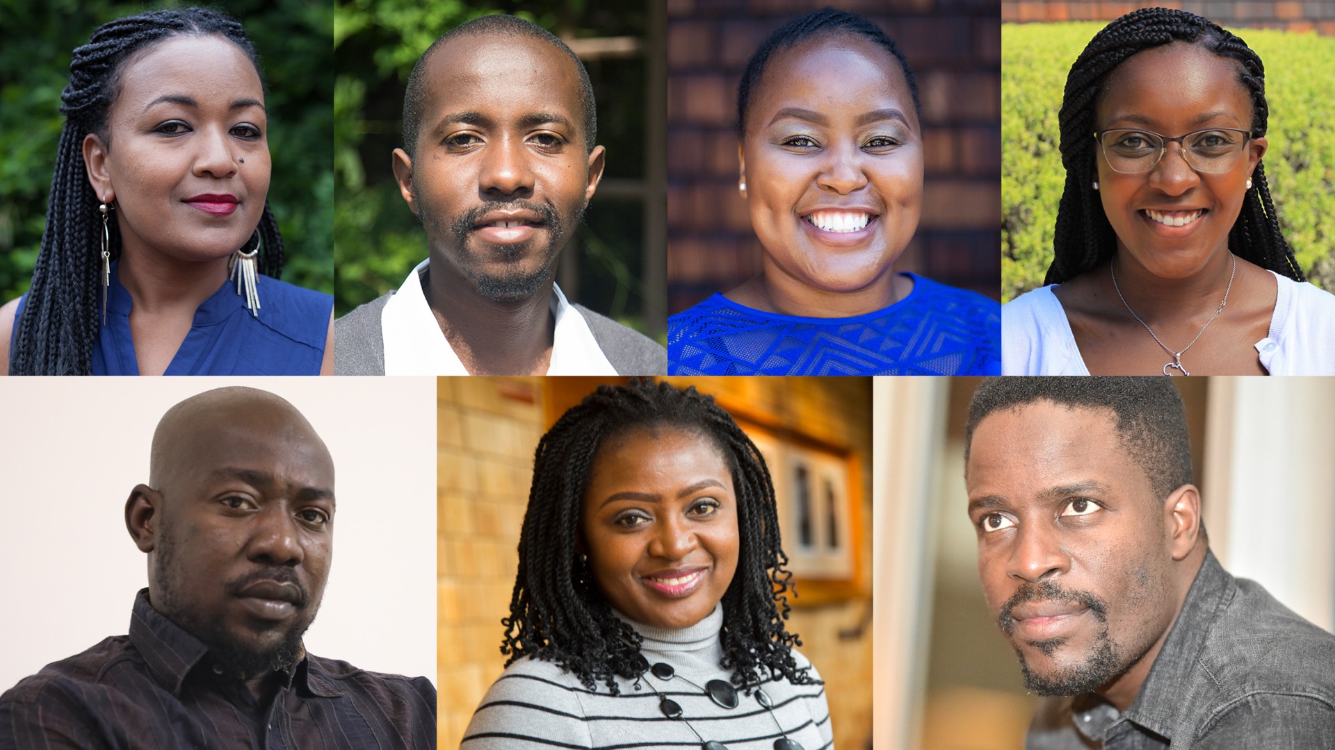 A collage of seven people, four in the top row and three in the bottom row, smiling at the camera. Each person has a unique background including outdoor greenery, brick walls, and indoor settings. The individuals display a diversity of attire and are of African descent—future stars of Berkeley Journalism.