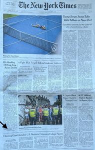 Front page of The New York Times features articles on the Trump-Taliban peace pact, Hong Kong protests, Biden’s policies, Brexit, and U.S. students outsourcing college papers. Includes an image of a tennis player on the court and police officers monitoring a protest; Berkeley Journalism weighs in.