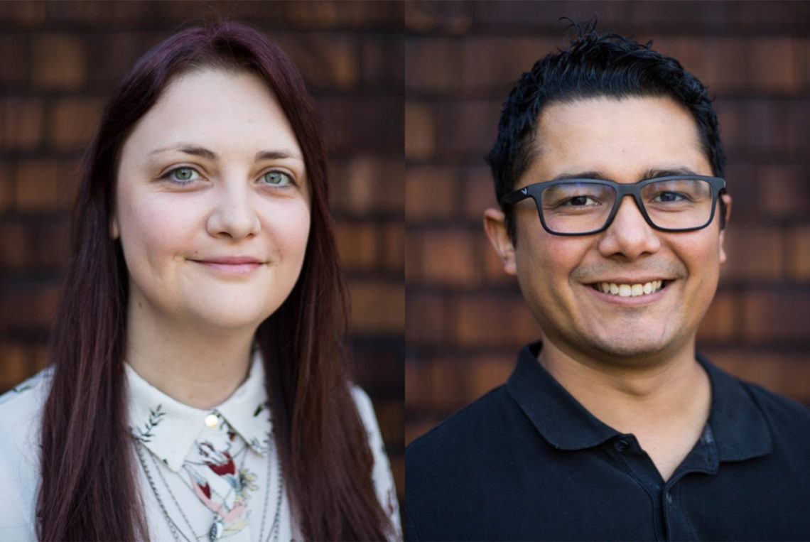 A side-by-side collage features two individuals against a brown brick wall. The person on the left has long reddish-brown hair and is wearing a floral blouse. The person on the right, perhaps a Berkeley Journalism student, has short dark hair, is wearing glasses, and is dressed in a black polo shirt.